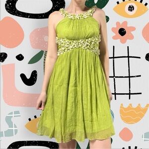 Lucy Paris | Lime Green Floral Appliqué Crinkle Mini Dress